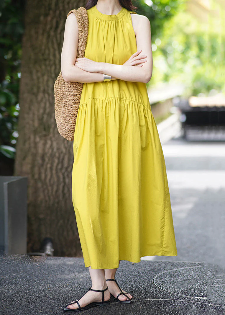 Elegant Yellow Pockets Solid Cotton Long Dress Sleeveless - Image 3