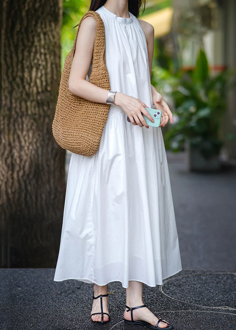 Elegant Yellow Pockets Solid Cotton Long Dress Sleeveless - Image 4