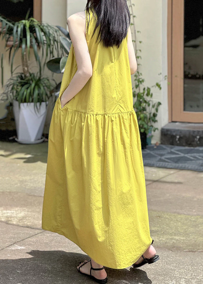 Elegant Yellow Pockets Solid Cotton Long Dress Sleeveless - Image 5