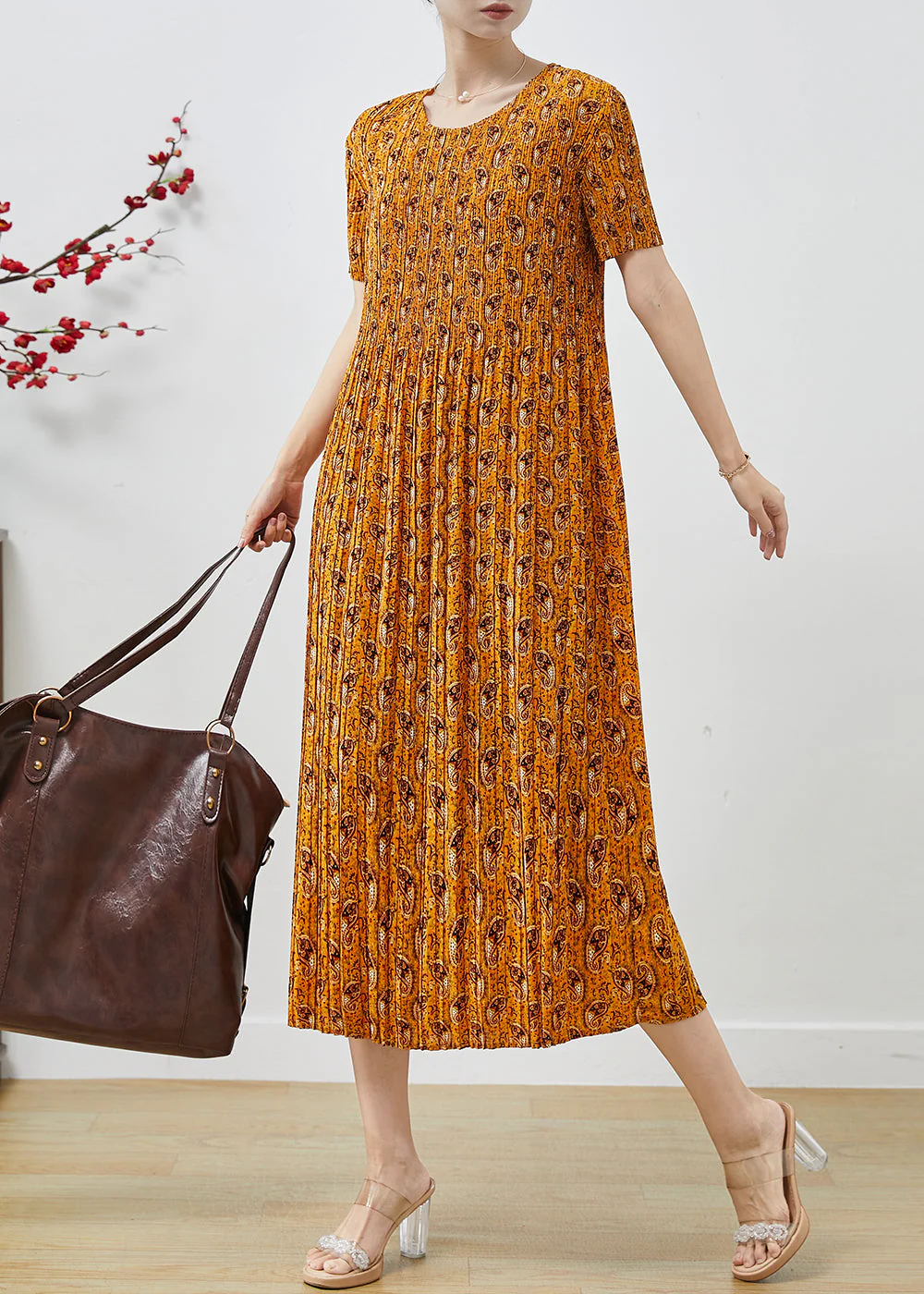 Elegant Yellow Print Chiffon Pleated Dress Summer - Image 2