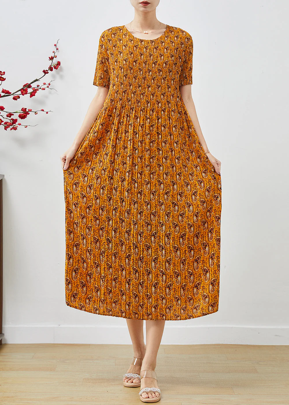 Elegant Yellow Print Chiffon Pleated Dress Summer - Image 3