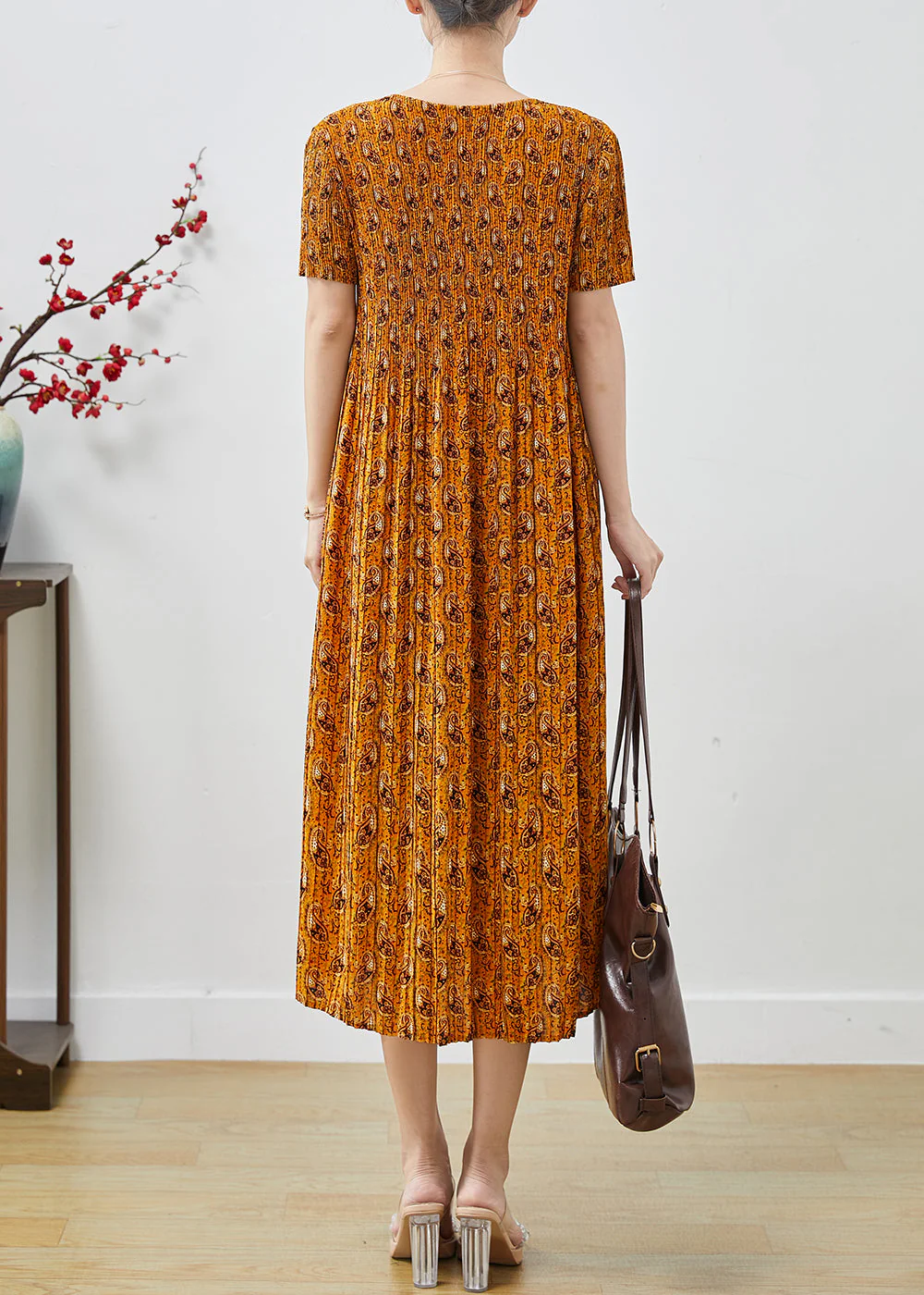 Elegant Yellow Print Chiffon Pleated Dress Summer - Image 4