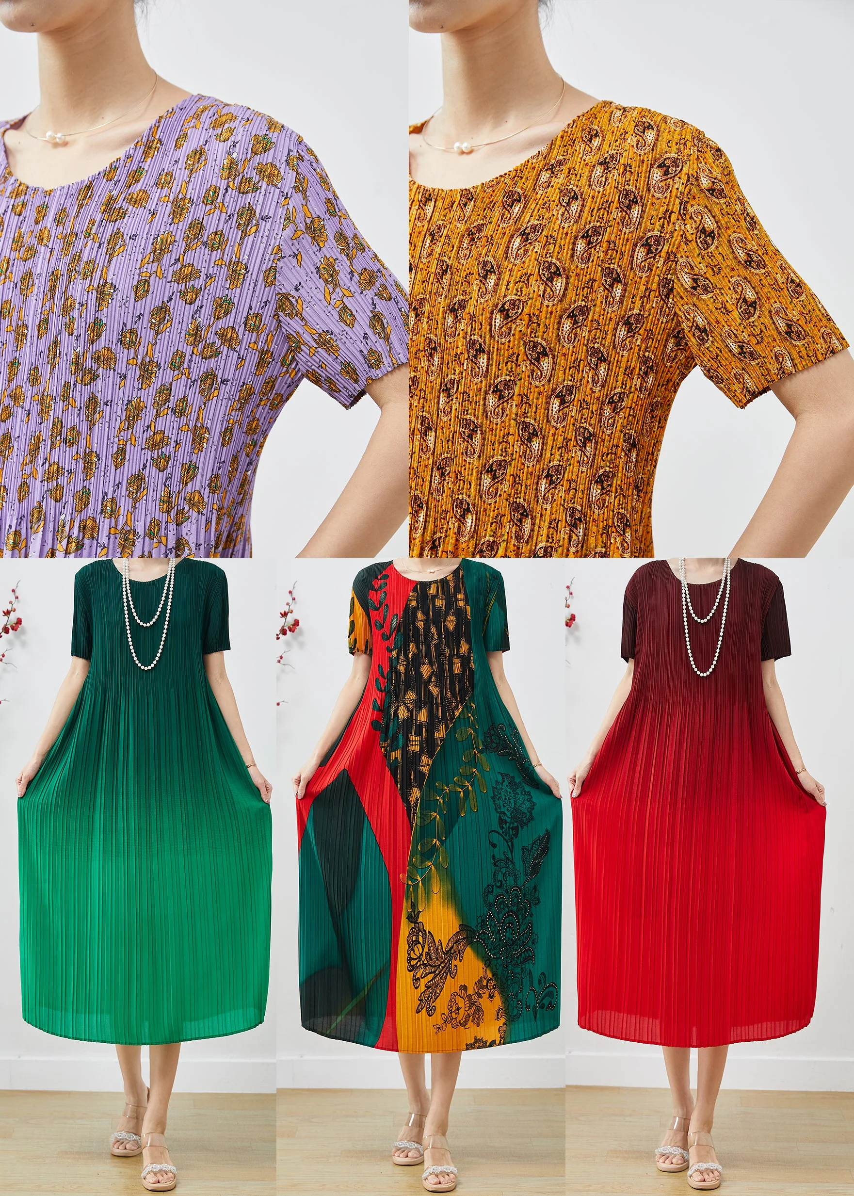 Elegant Yellow Print Chiffon Pleated Dress Summer - Image 5