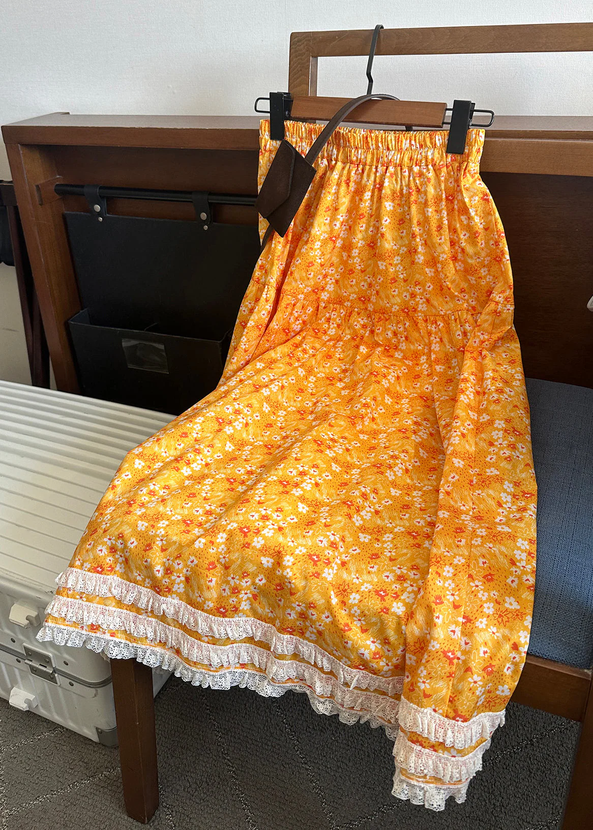 Elegant Yellow Print Lace Patchwork Cotton Skirt Summer - Image 5