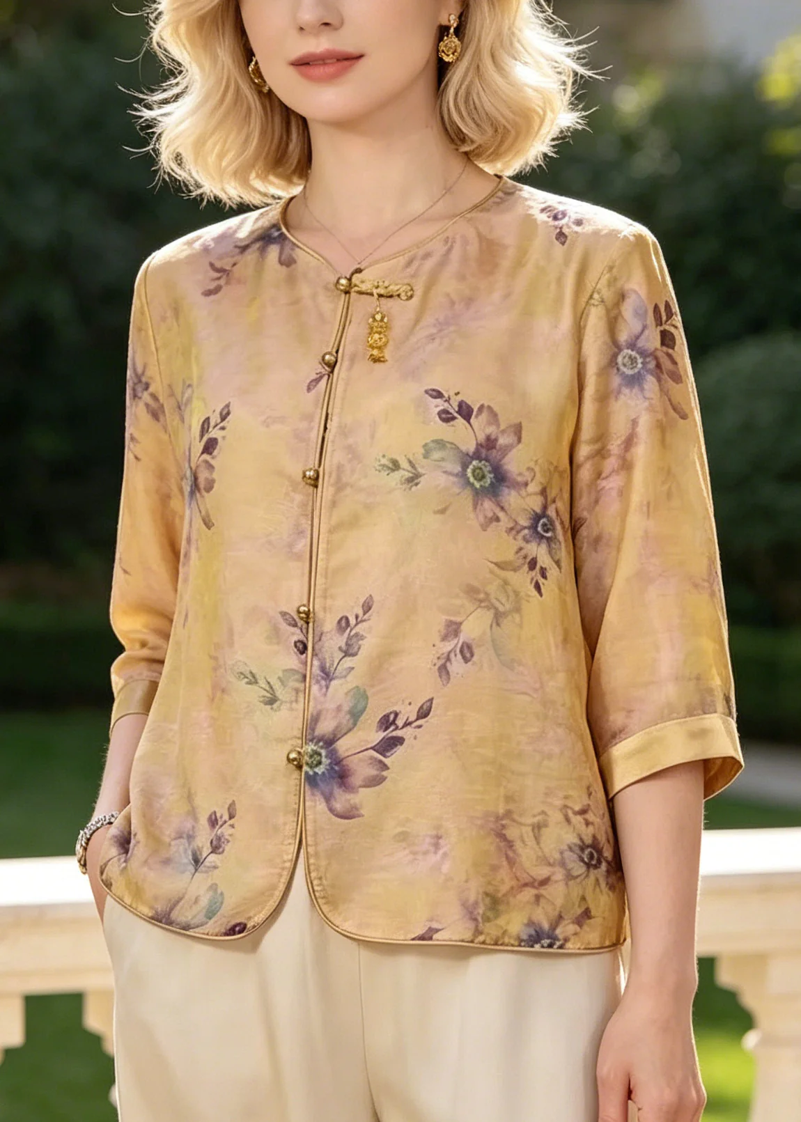 Elegant Yellow Print Silk Blouse Tops Bracelet Sleeve - Image 3