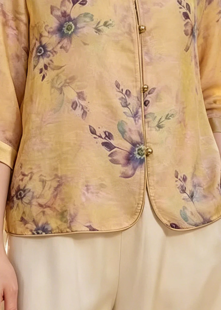 Elegant Yellow Print Silk Blouse Tops Bracelet Sleeve - Image 4
