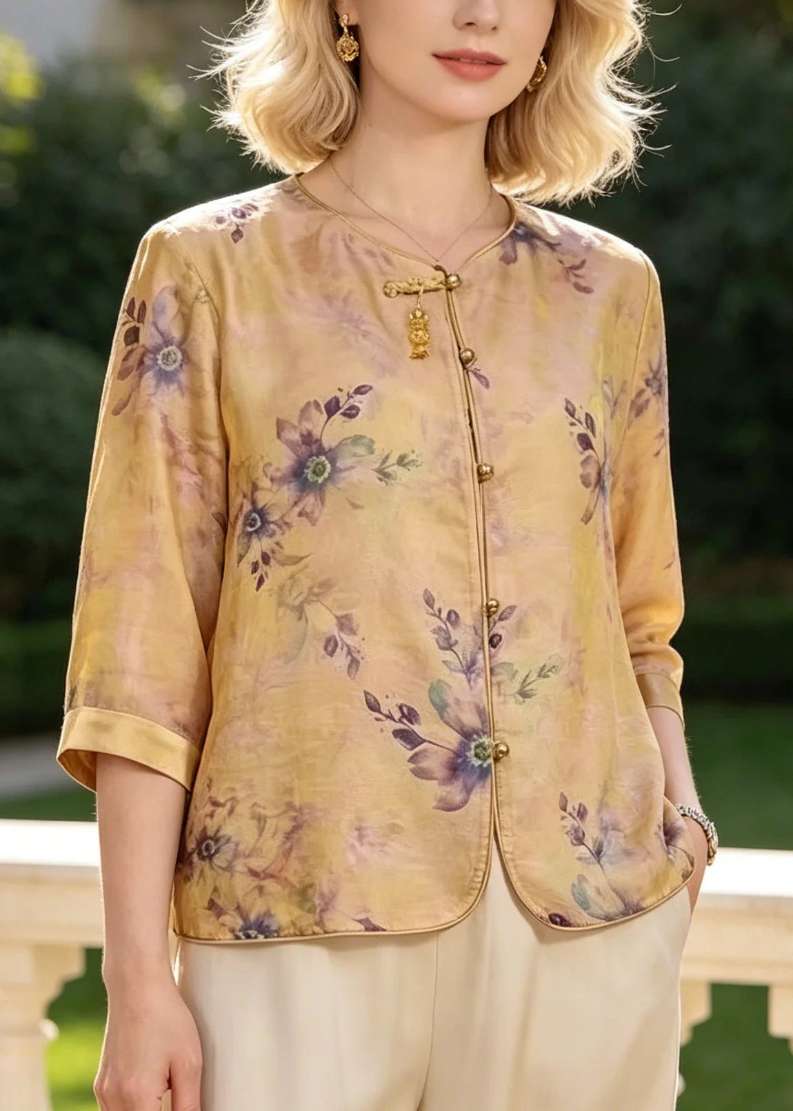 Elegant Yellow Print Silk Blouse Tops Bracelet Sleeve - Image 5
