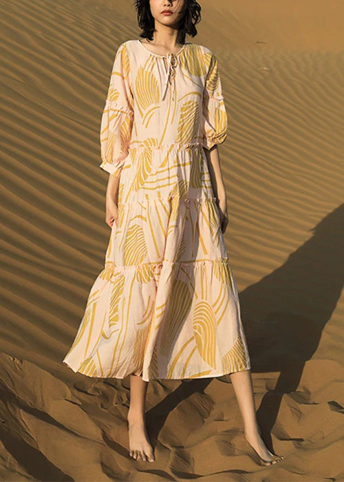 Elegant Yellow Ruffled Print Lace Up Cotton Long Dresses Half Sleeve - Image 2