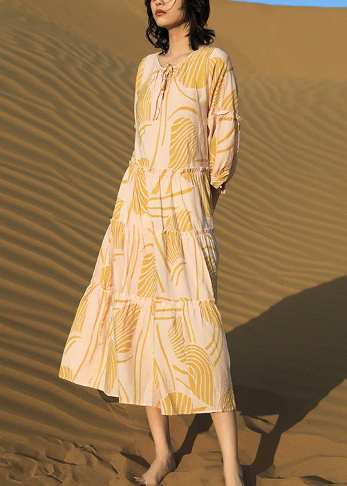 Elegant Yellow Ruffled Print Lace Up Cotton Long Dresses Half Sleeve - Image 3