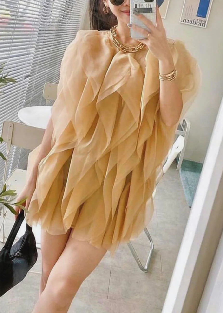 Elegant Yellow Ruffled Solid Tulle Mini Dresses Sleeveless - Image 4
