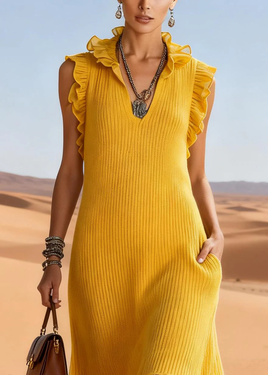 Elegant Yellow Ruffled Tulle Patchwork Knit Long Sweater Dress Sleeveless - Image 2