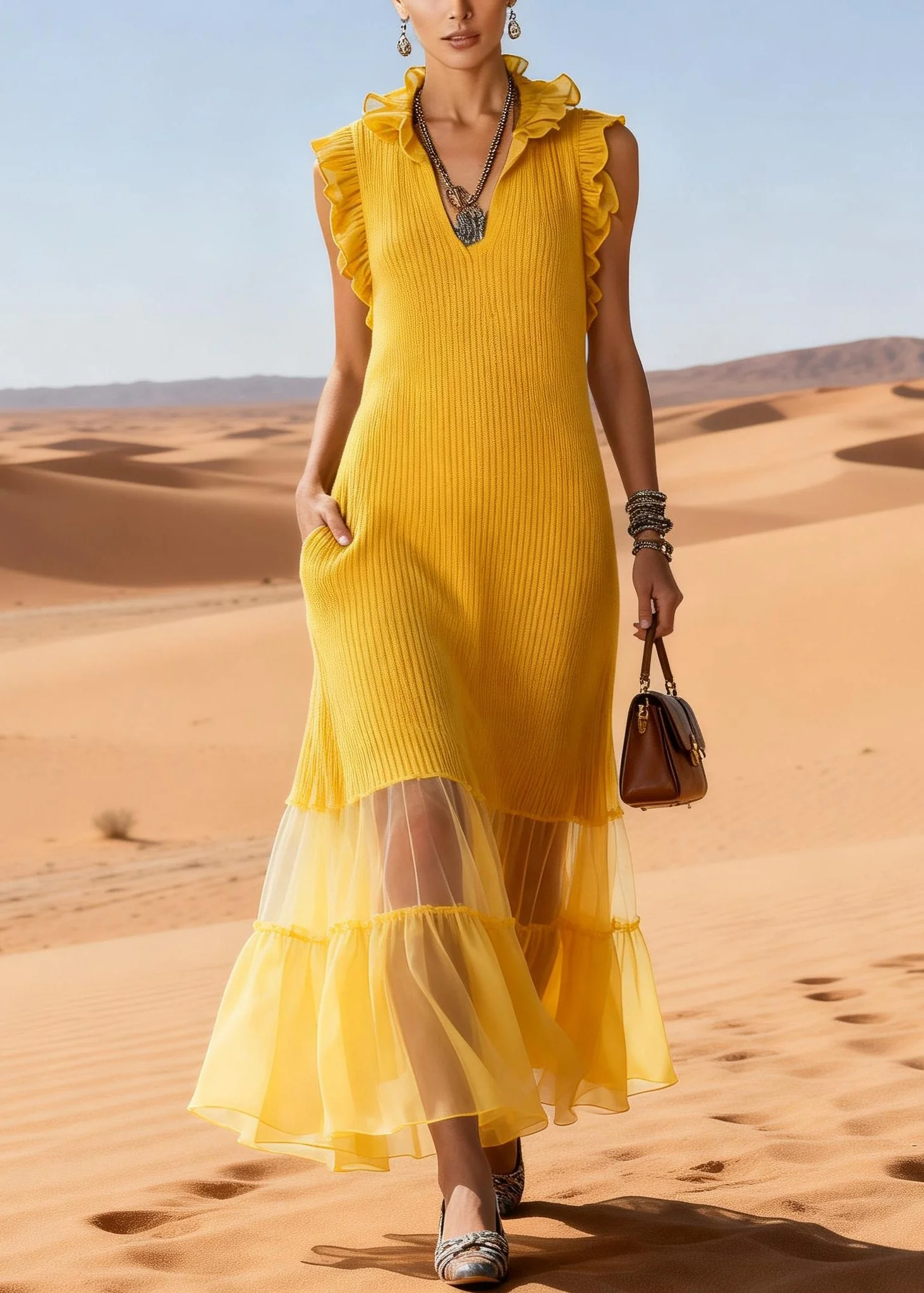 Elegant Yellow Ruffled Tulle Patchwork Knit Long Sweater Dress Sleeveless - Image 3