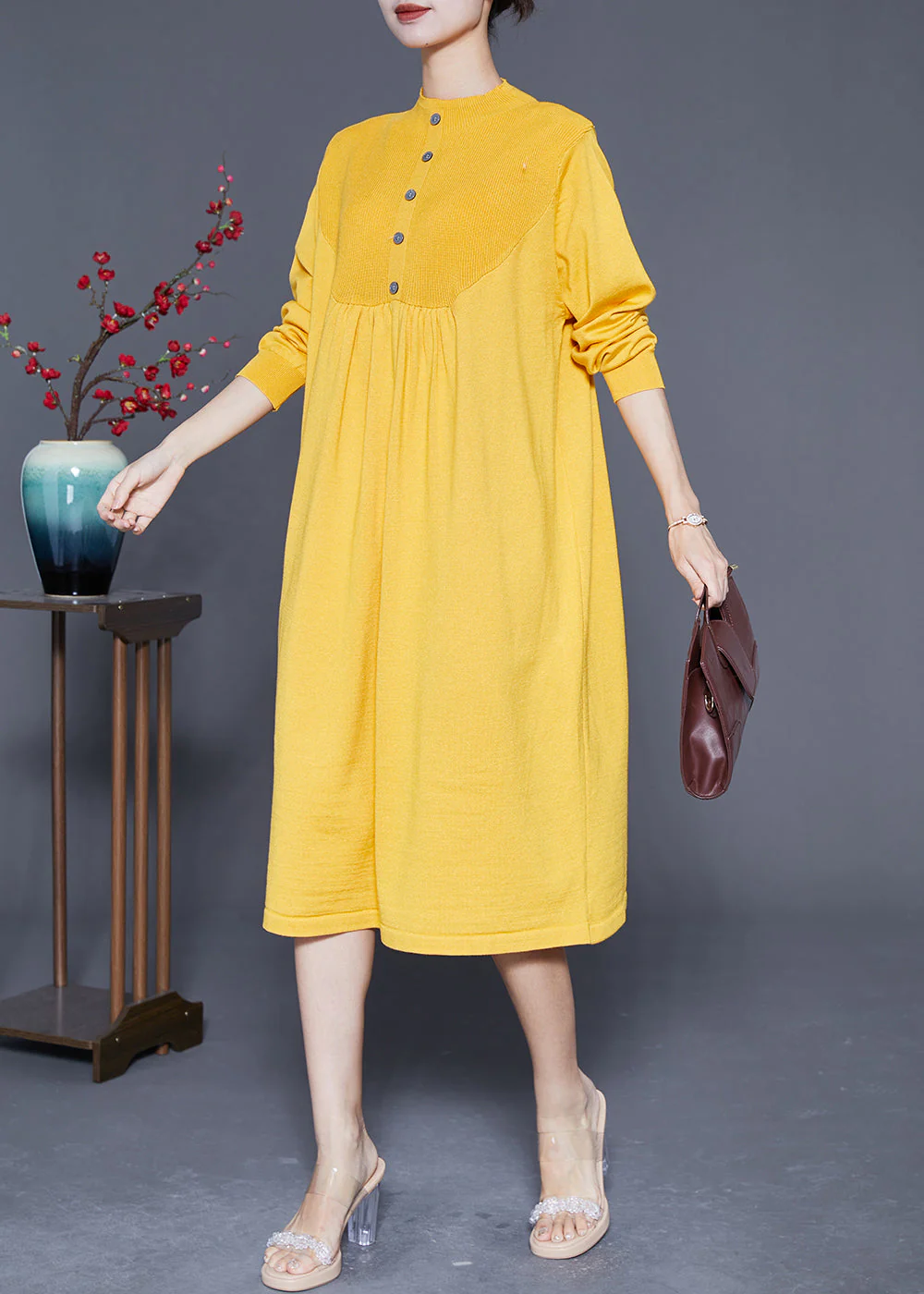 Elegant Yellow Stand Collar Wrinkled Knit Long Dress Spring - Image 2