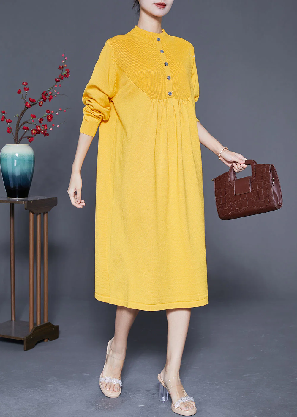 Elegant Yellow Stand Collar Wrinkled Knit Long Dress Spring - Image 3