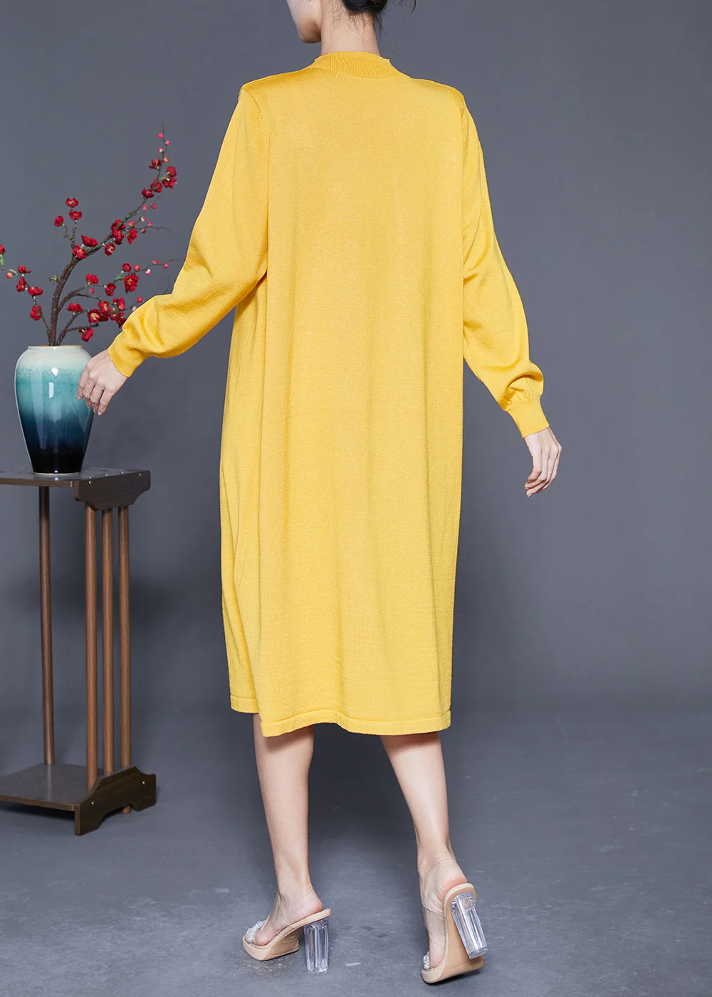Elegant Yellow Stand Collar Wrinkled Knit Long Dress Spring - Image 4