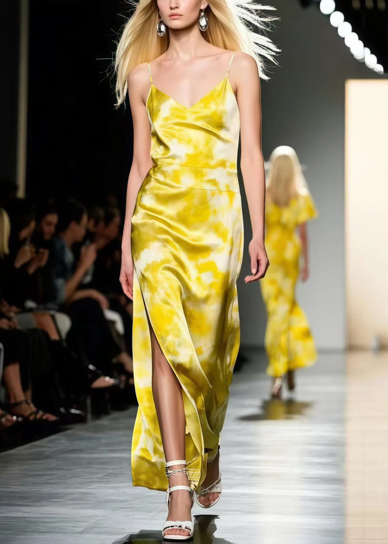 Elegant Yellow Tie Dye Side Open Silk Spaghetti Strap Dress Summer - Image 3