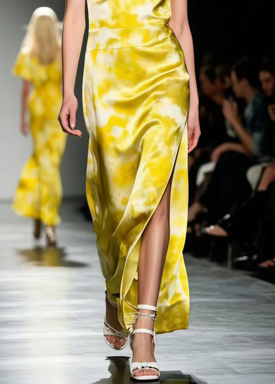 Elegant Yellow Tie Dye Side Open Silk Spaghetti Strap Dress Summer - Image 4