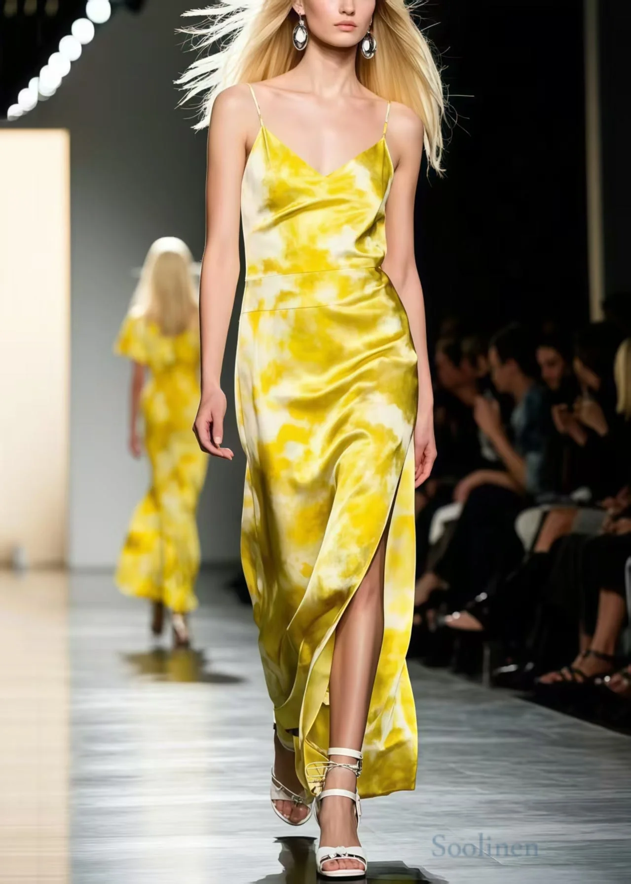 Elegant Yellow Tie Dye Side Open Silk Spaghetti Strap Dress Summer - Image 5