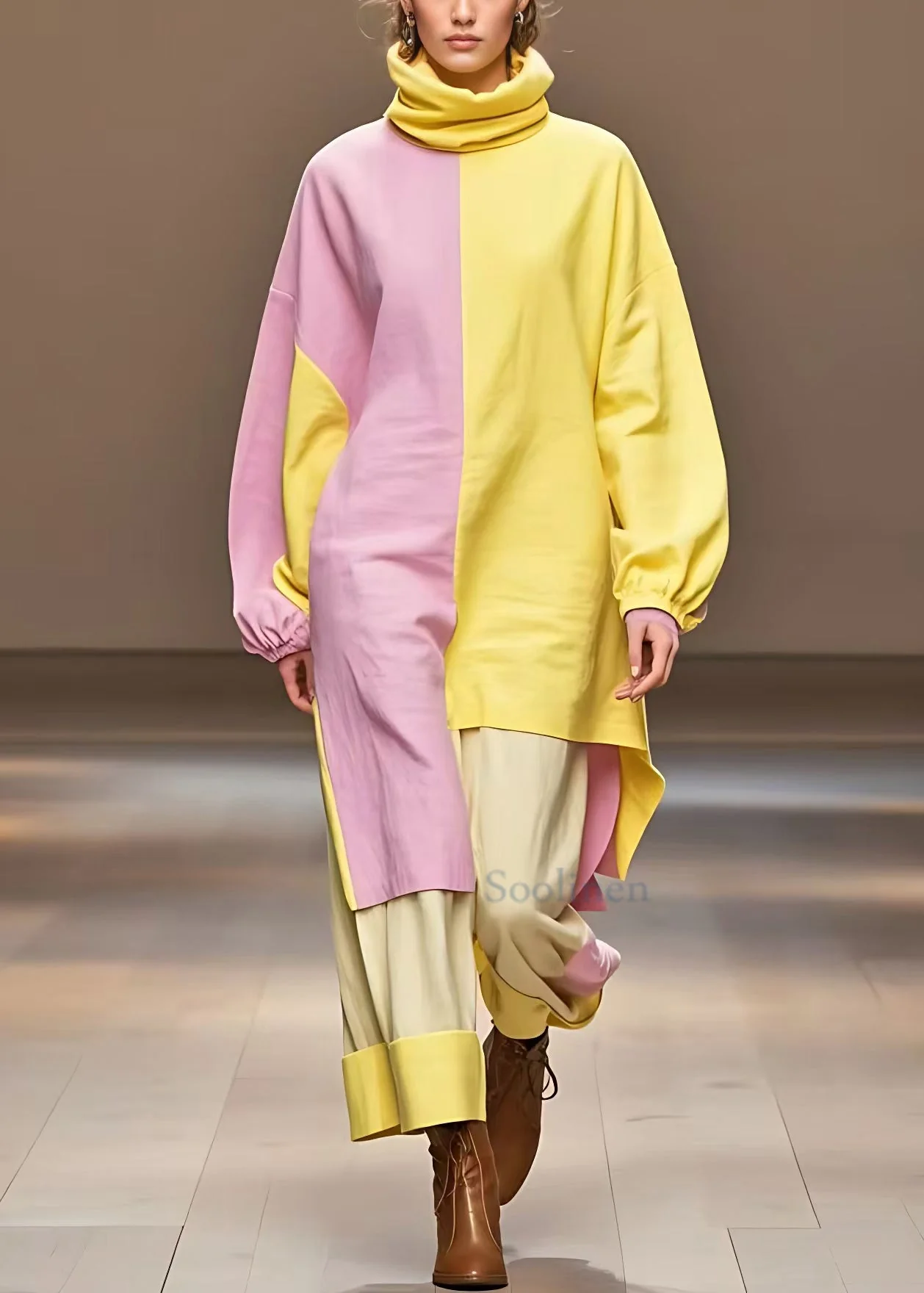Elegant Yellow Turtleneck Asymmetrical Cotton Dress Long Sleeve - Image 2