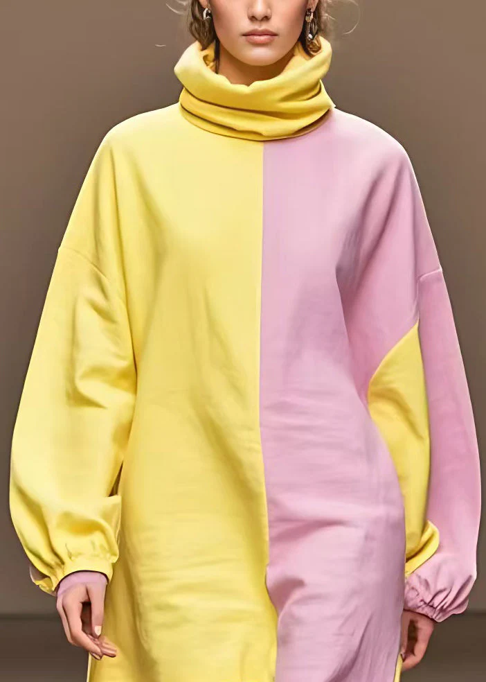 Elegant Yellow Turtleneck Asymmetrical Cotton Dress Long Sleeve - Image 3