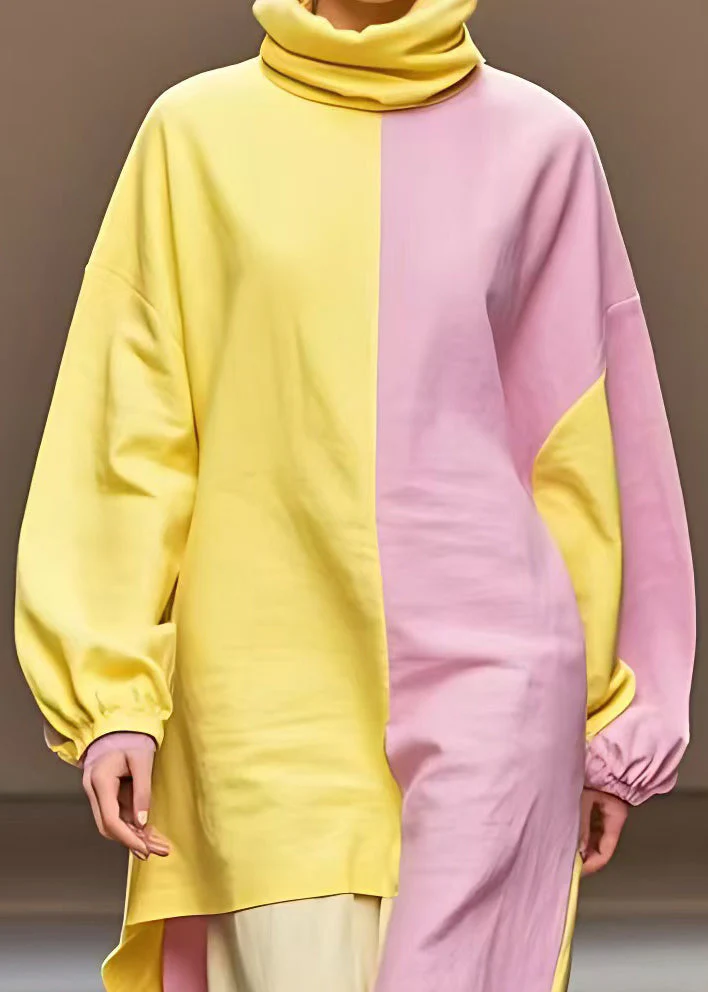 Elegant Yellow Turtleneck Asymmetrical Cotton Dress Long Sleeve - Image 4