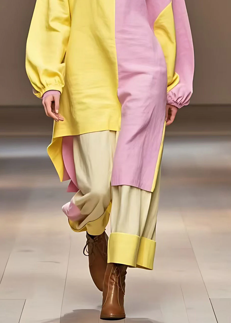 Elegant Yellow Turtleneck Asymmetrical Cotton Dress Long Sleeve - Image 5
