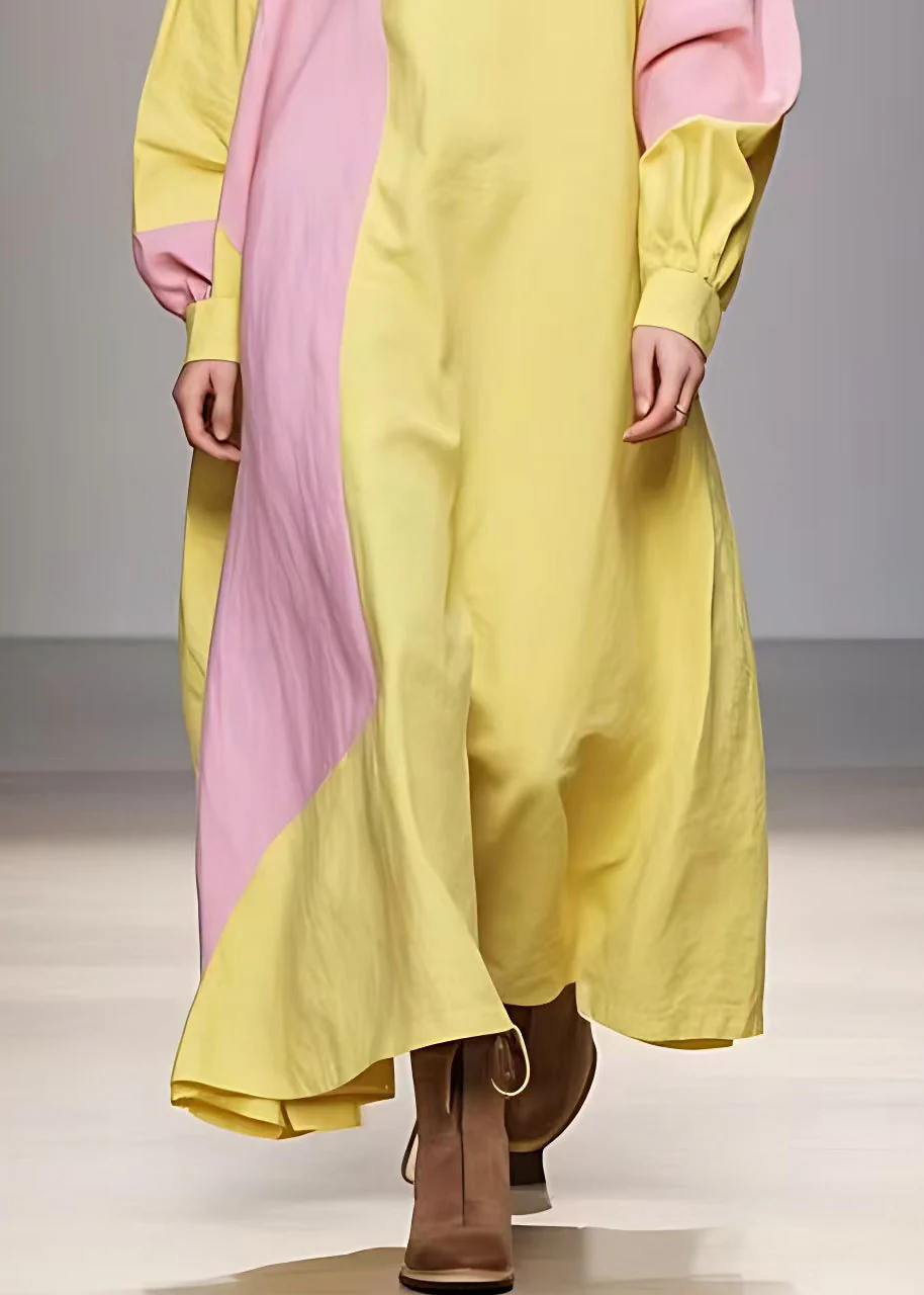 Elegant Yellow Turtleneck Patchwork Cotton Robe Dresses Long Sleeve - Image 5
