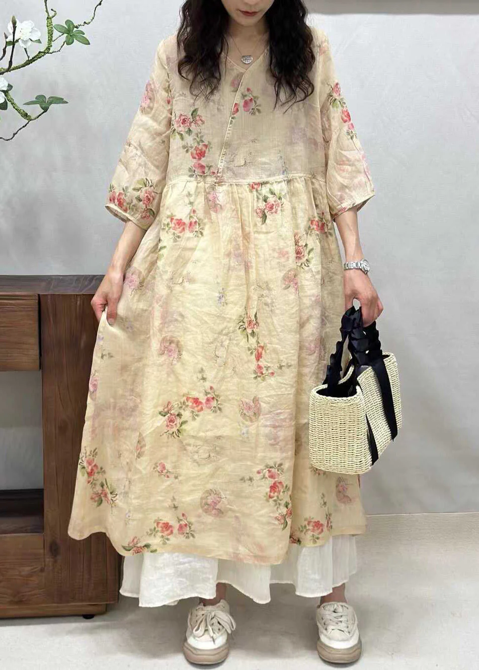 Elegant Yellow V Neck Print Linen Long Dresses Half Sleeve - Image 3