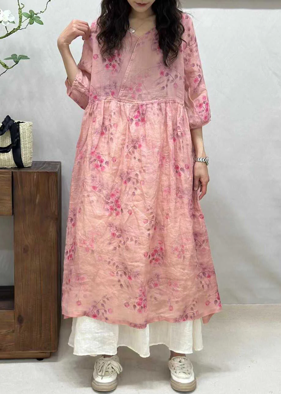 Elegant Yellow V Neck Print Linen Long Dresses Half Sleeve - Image 5