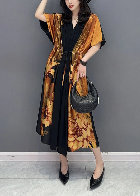 Elegant Yellow V Neck Print Wrinkled Drawstring Patchwork Silk Dress Summer - Image 2