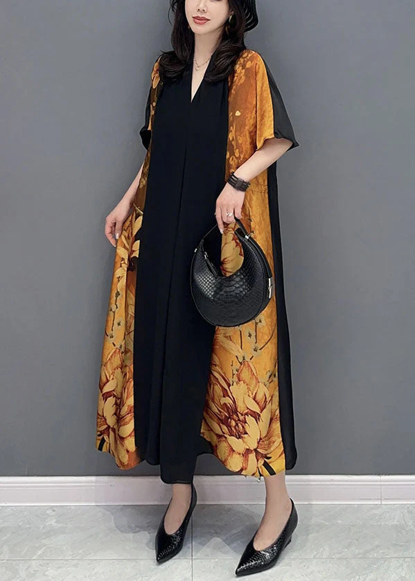 Elegant Yellow V Neck Print Wrinkled Drawstring Patchwork Silk Dress Summer - Image 3