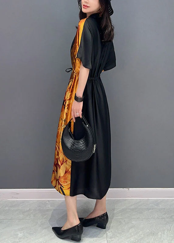 Elegant Yellow V Neck Print Wrinkled Drawstring Patchwork Silk Dress Summer - Image 4