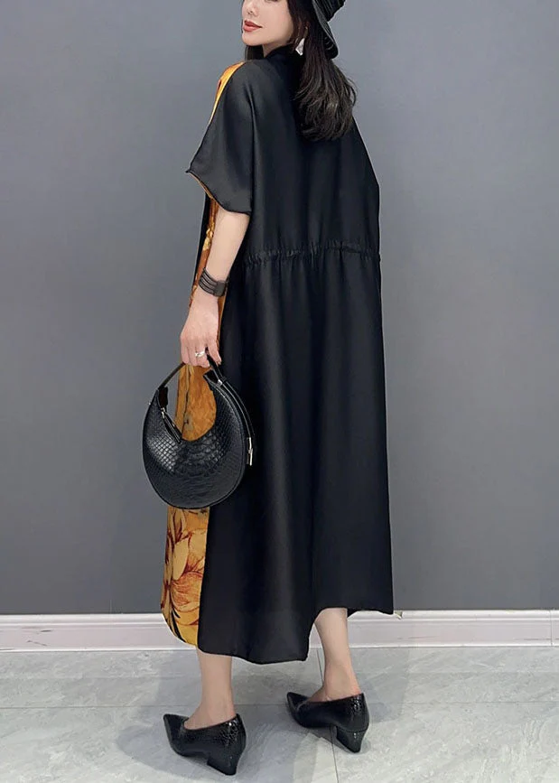 Elegant Yellow V Neck Print Wrinkled Drawstring Patchwork Silk Dress Summer - Image 5
