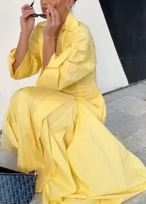 Elegant Yellow V Neck Zippered Solid Cotton Shirts Dress Half Sleeve - Image 2