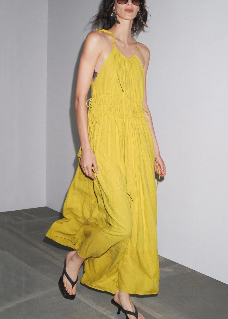 Elegant Yellow Wrinkled Lace Up Linen Spaghetti Strap Dress Sleeveless - Image 2