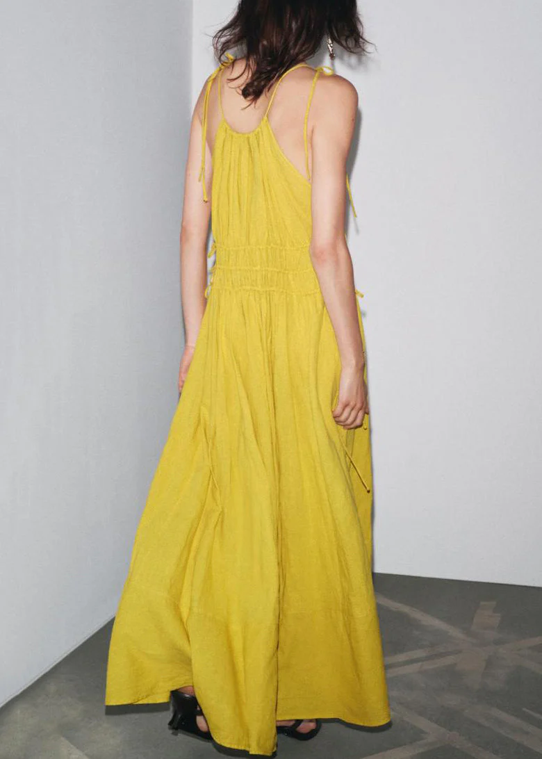 Elegant Yellow Wrinkled Lace Up Linen Spaghetti Strap Dress Sleeveless - Image 3