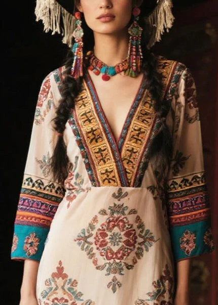 Ethnic Style Apricot V Neck Print Chiffon Robe Dresses Bracelet Sleeve - Image 2