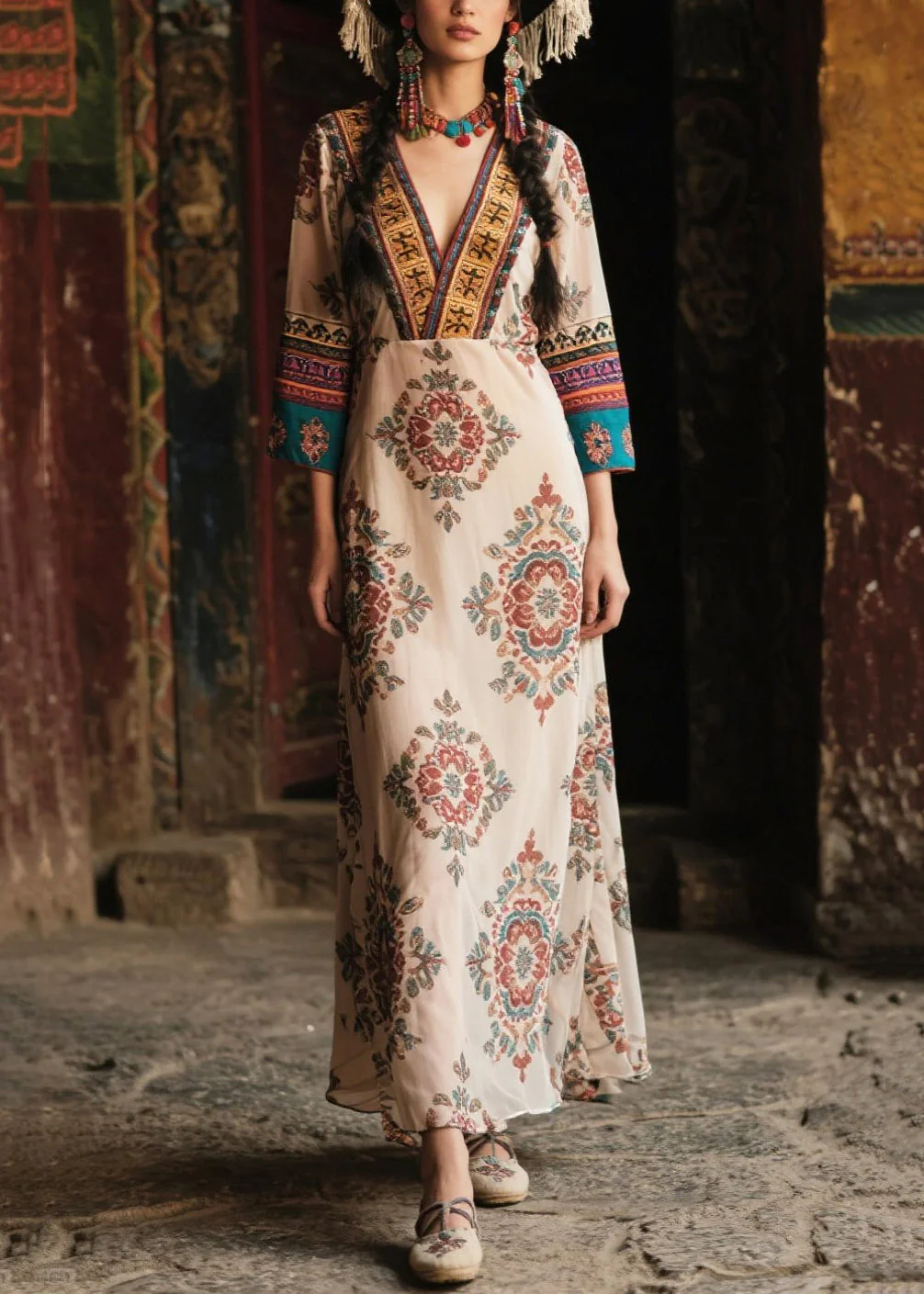 Ethnic Style Apricot V Neck Print Chiffon Robe Dresses Bracelet Sleeve - Image 3