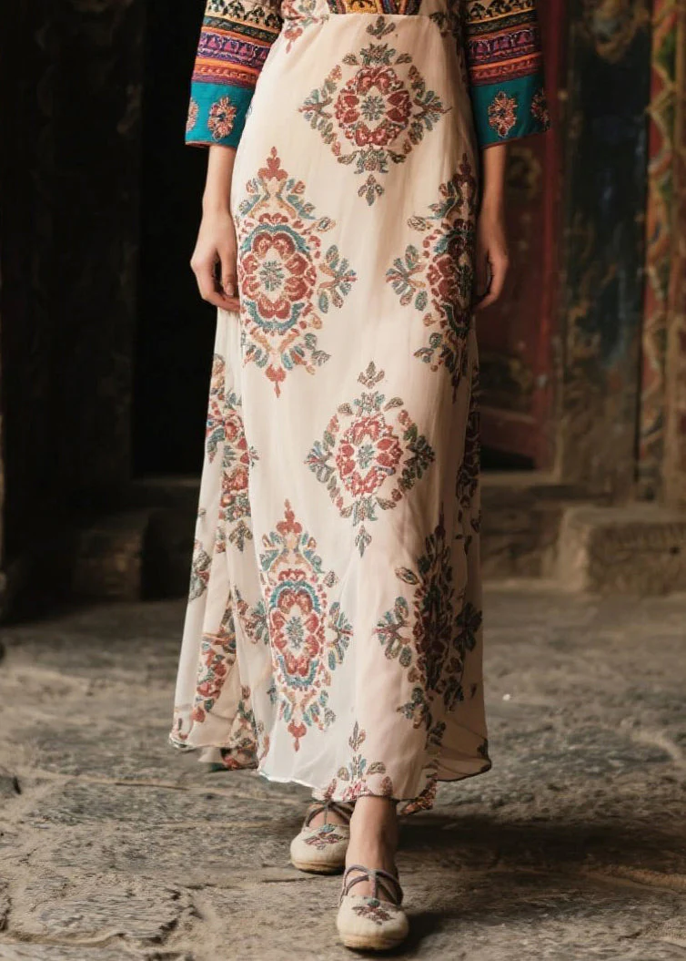 Ethnic Style Apricot V Neck Print Chiffon Robe Dresses Bracelet Sleeve - Image 4
