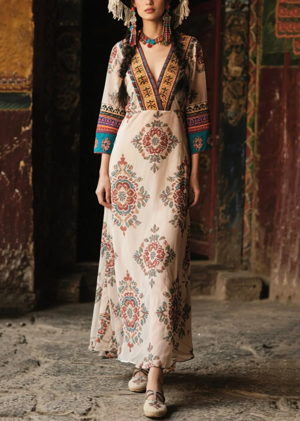 Ethnic Style Apricot V Neck Print Chiffon Robe Dresses Bracelet Sleeve - Image 5