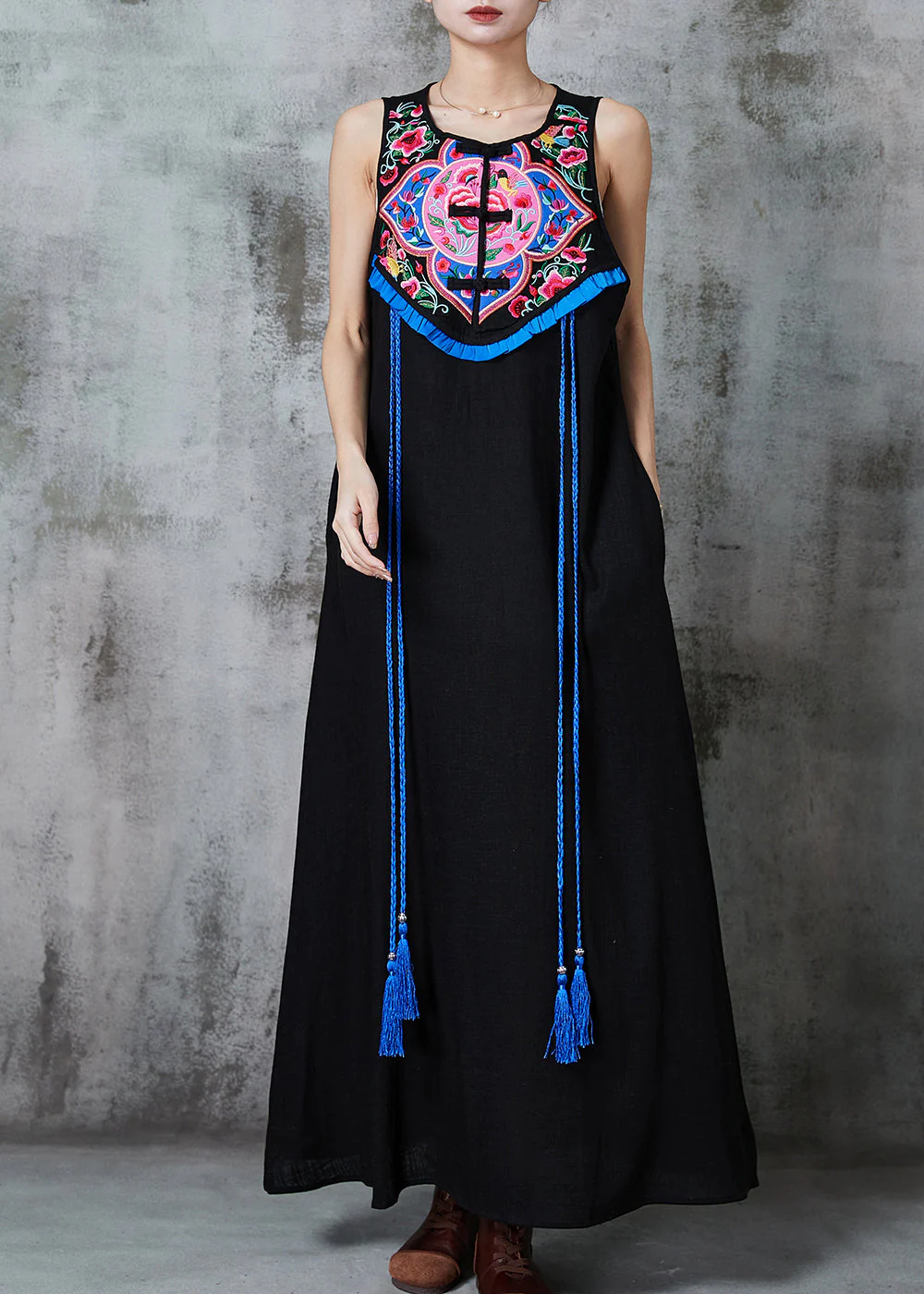 Ethnic Style Black Embroidered Tasseled Cotton Holiday Dress Sleeveless - Image 2