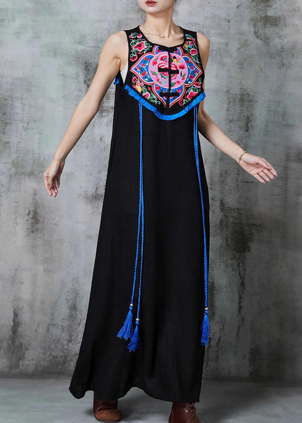 Ethnic Style Black Embroidered Tasseled Cotton Holiday Dress Sleeveless - Image 3