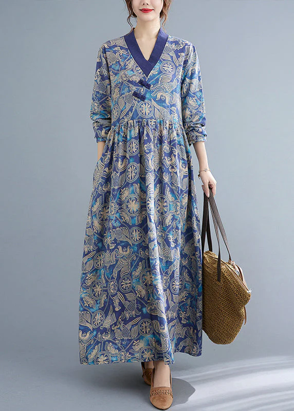 Ethnic Style Blue Wrinkled V Neck Exra Large Hem Cotton Long Dresses Long Sleeve - Image 2