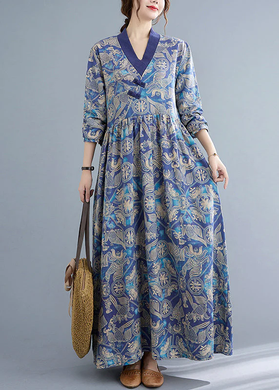 Ethnic Style Blue Wrinkled V Neck Exra Large Hem Cotton Long Dresses Long Sleeve - Image 3