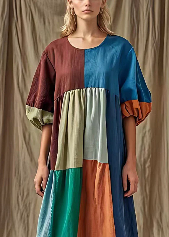Ethnic Style Colorblock Puff Sleeve Cotton Long Dress - Image 2