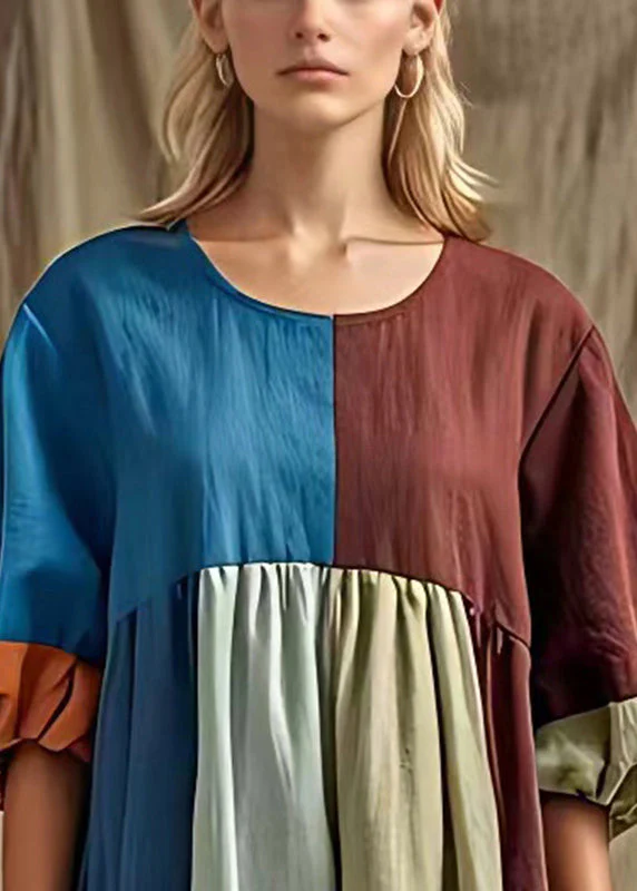 Ethnic Style Colorblock Puff Sleeve Cotton Long Dress - Image 3