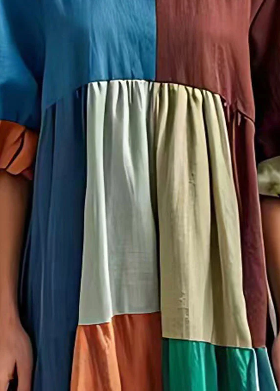 Ethnic Style Colorblock Puff Sleeve Cotton Long Dress - Image 4