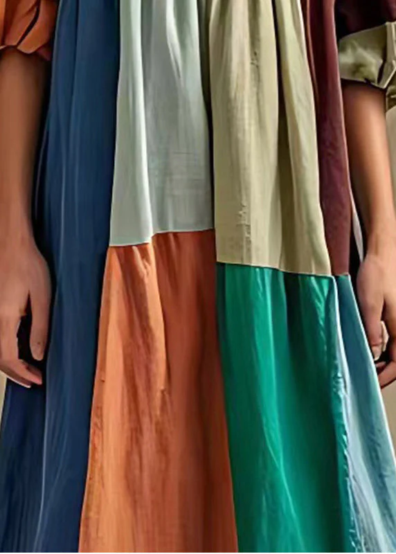 Ethnic Style Colorblock Puff Sleeve Cotton Long Dress - Image 5