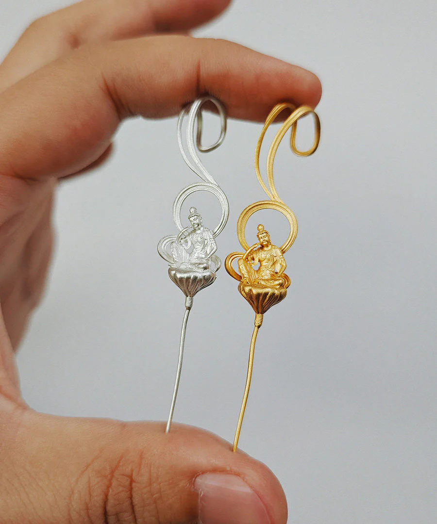 Ethnic Style Handmade Enlightenment Zen Buddhist Silver Gilding Earrings - Image 5