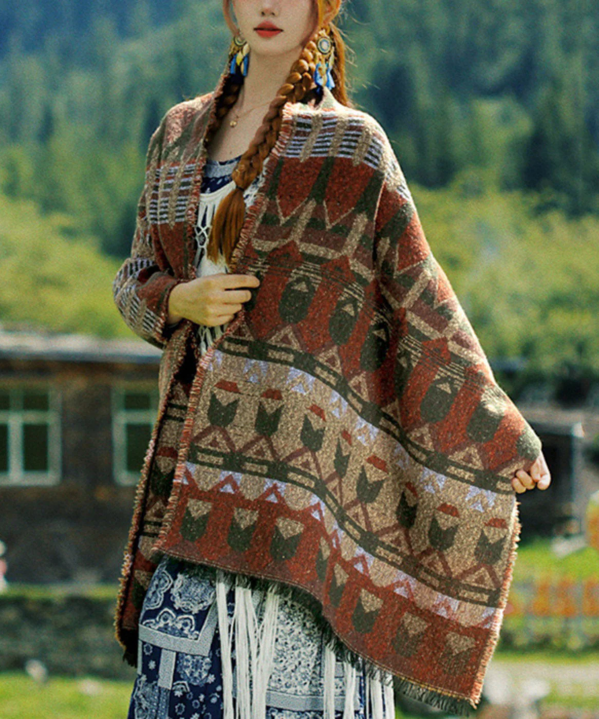 Ethnic Style Tassel Print Dual-Use Faux Cashmere Scarf - Image 3